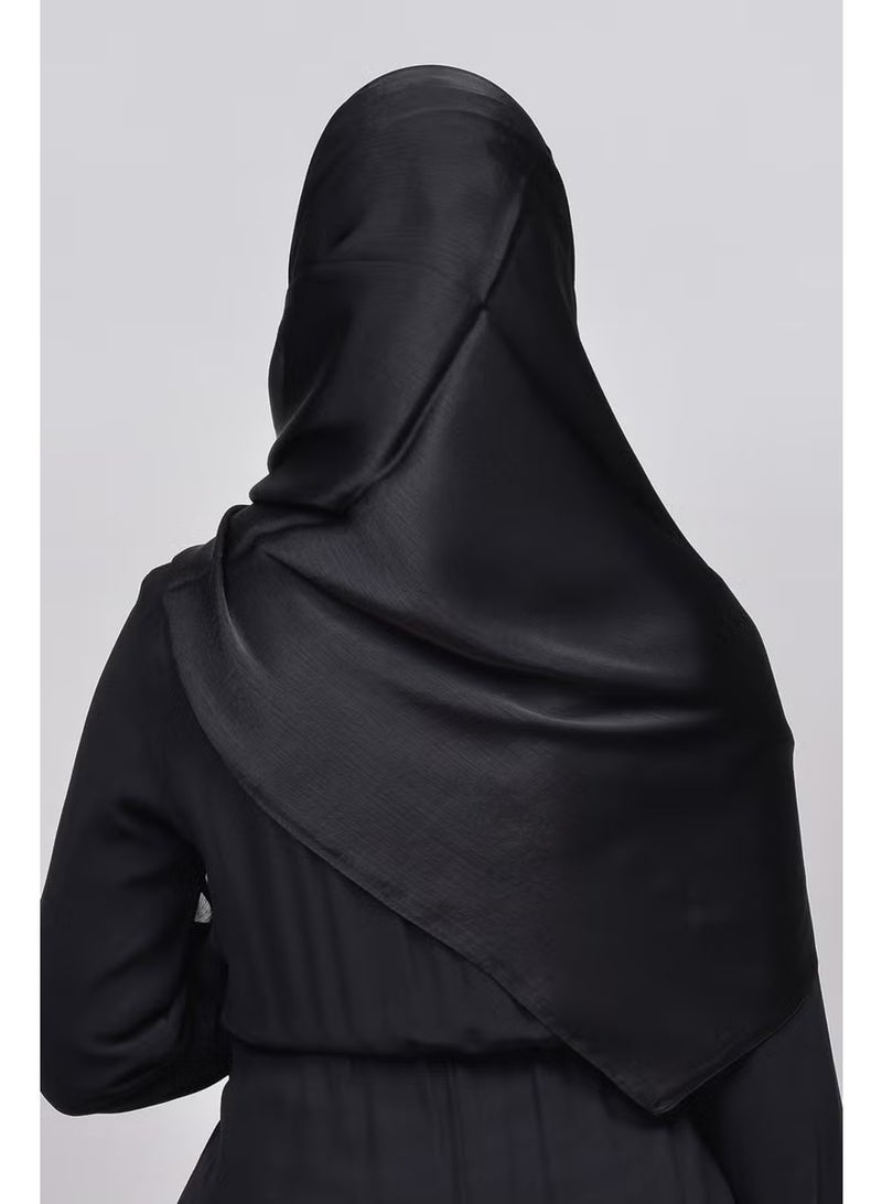 Altobeh Janjan Shiny Satin Textured Hijab Evening Dress Chiffon Shawl-Black - Image 2